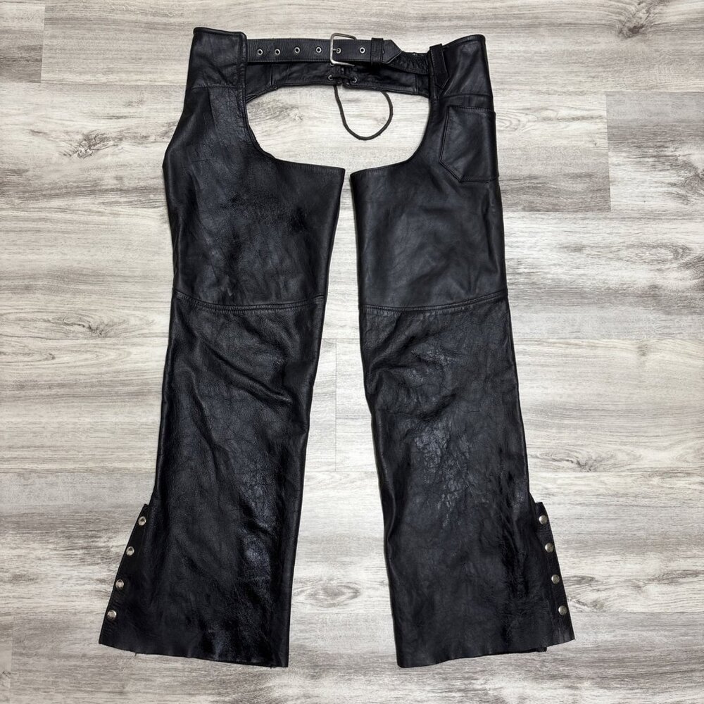 Vintage Leather Chaps Mens Large Black Bootcut Full Grain Moto Riding Pants